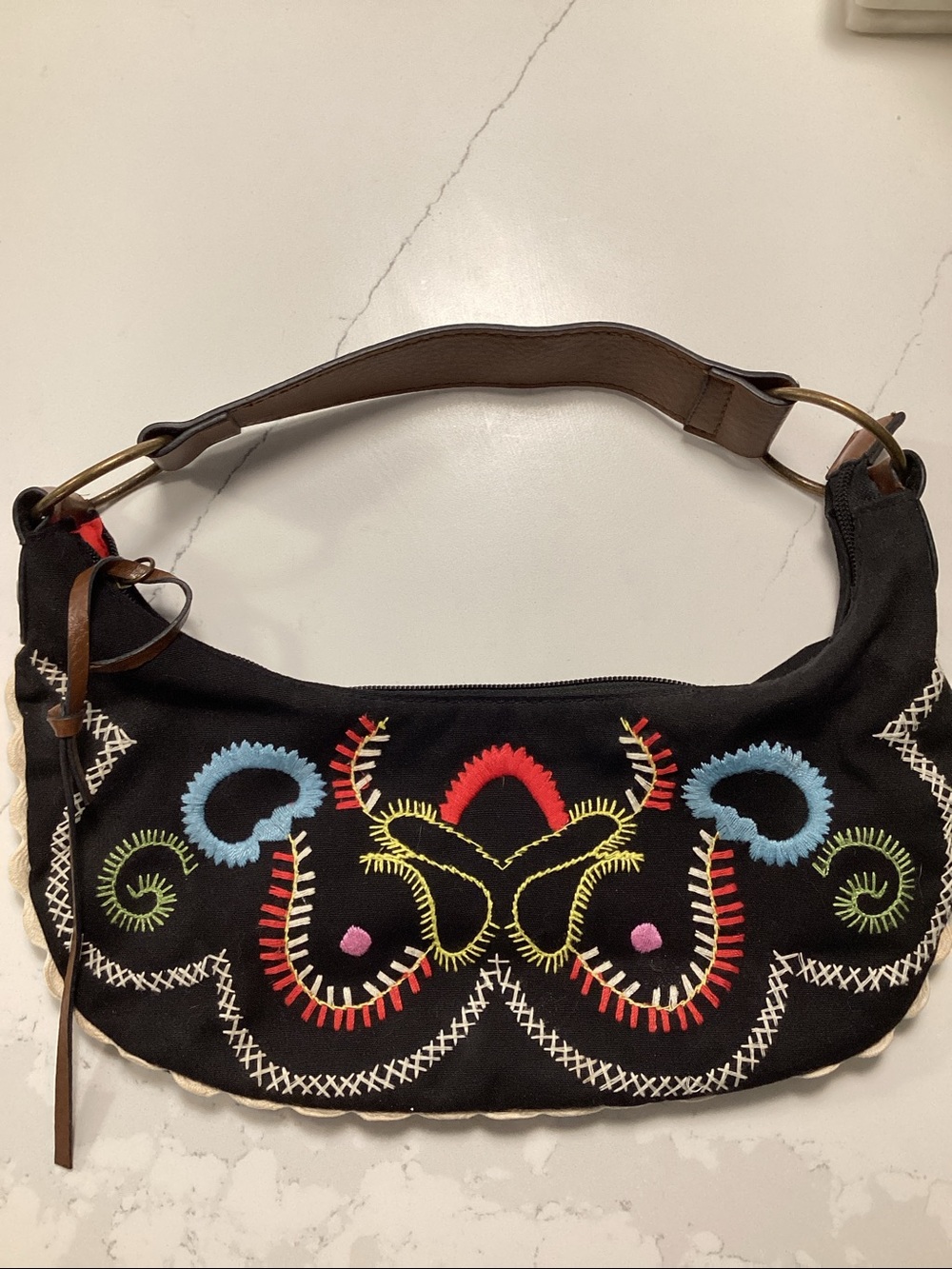 Betsyville Black Embroidered Shoulder Bag with Multicolor Stitching